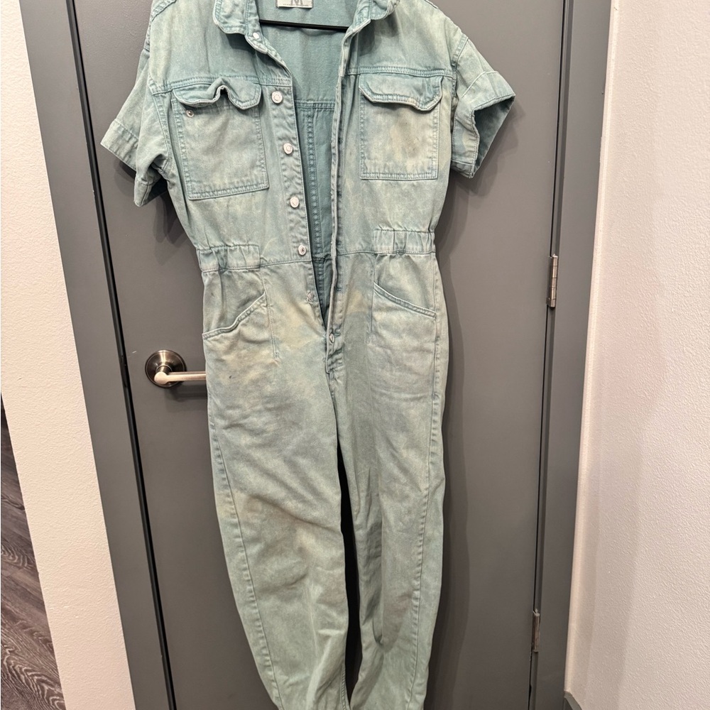 Free People Short Sleeve Denim Jumpsuit in Mint Green